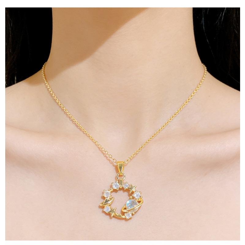 Fashion Women Inlaid Rhinestone Star Planet Titanium Steel Clavicle Necklace