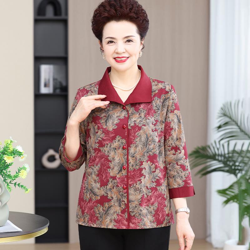 Grandma's Autumn 2025 Fashion: Long-Sleeve Shirt & Three-Quarter Sleeve Set for Middle-Aged and Elderly Women. 
