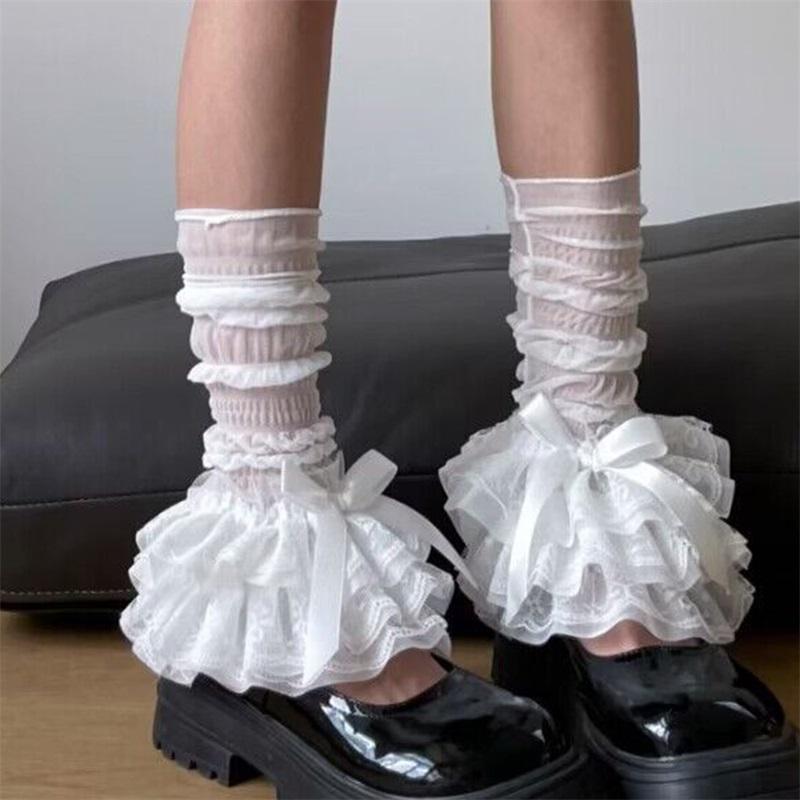 Women Lace Leg Warmers Cute Bows Layered Ruffle Boot Cover Cuffs Lolita Gothic  Aesthetic Clothing Accessories
