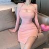 American Sexy Spicy Girl Pink Halter Long-sleeve Dress for Women, New Winter Slimming Fashion Hip-hugging Short Skirt