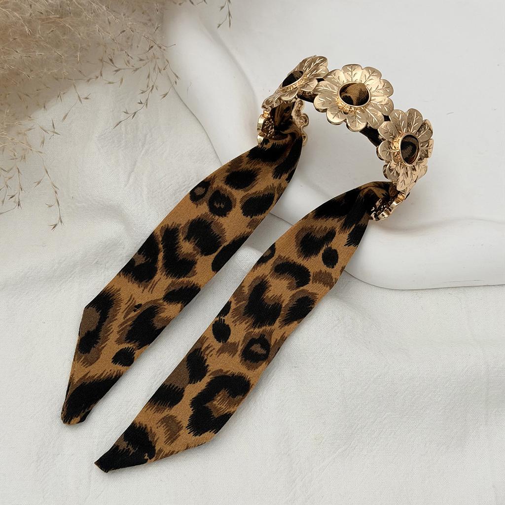2026 Leopard Print Silk Scarf Cuff Bangles Polka Dot Ribbon-Wrapped Metal Wide Bracelet Retro Adjustable Ethnic Style Wristband