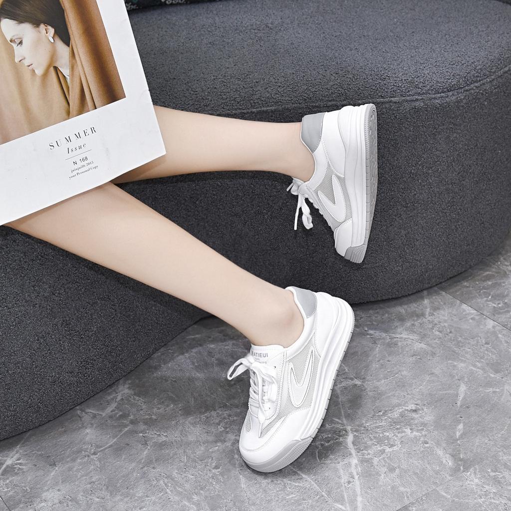 Little White Shoes Women's Shoes Spring and Summer Cowhide Mesh Single Shoes Flat Baseplate Shoes Lace-up Casual Shoes