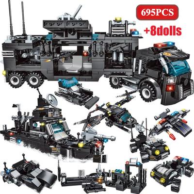 Städtische Polizeistation SWAT Team Militärbausteine DIY Auto Kampfroboter Modell Spielzeug für Kinder Geburtstag Jungen Geschenke