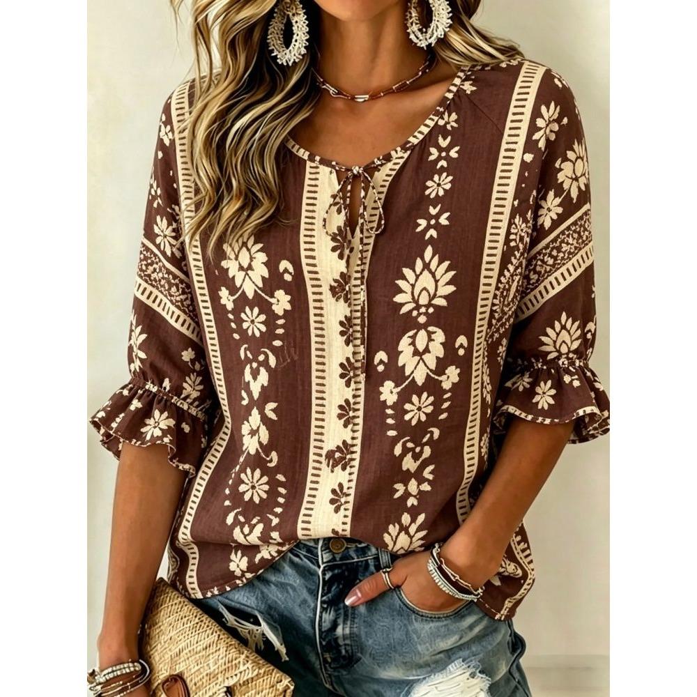 Women's White Boho Floral Print Tie Neck Blouse, Casual Loose Tops for Spring Summer Daily Wear & Vacation Occasions