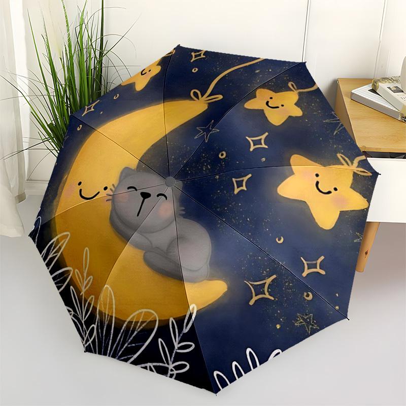 1pc Moon Cat Automatic Folding Umbrella - Compact 8-Rib Design, Durable Plastic & Iron, Lightweight for Outdoor Daily Use077