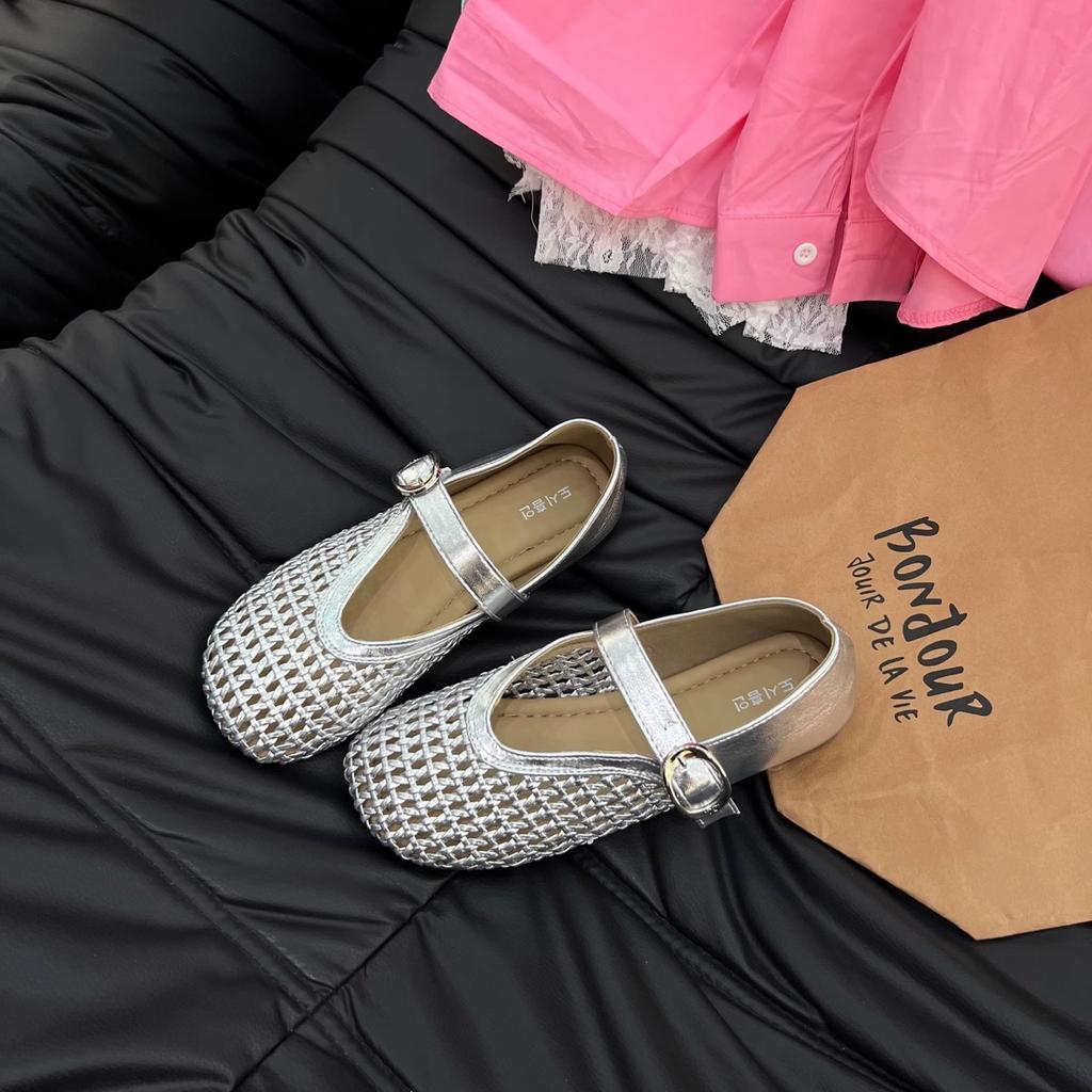 Soft Leather Version Woven Mary Jane Shoes Women's Summer and Korean Version Versatile Flat Bottom Hollow Buckle Soft Bottom Shallow Mouth Sports and