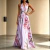 Summer Printing Neck Long Dress Backless Vacation Style Elegant Pendulum Lace-up Dress
