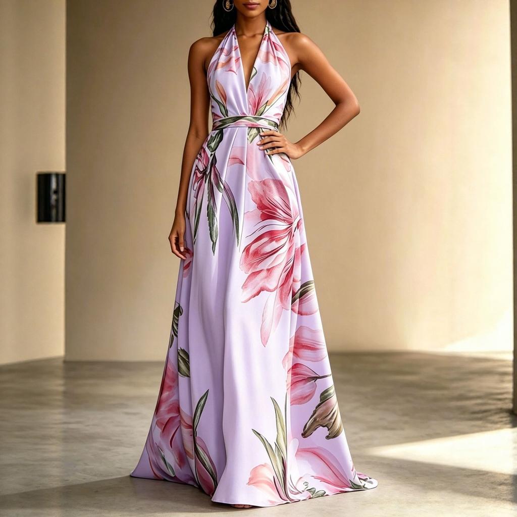 Summer Printing Neck Long Dress Backless Vacation Style Elegant Pendulum Lace-up Dress