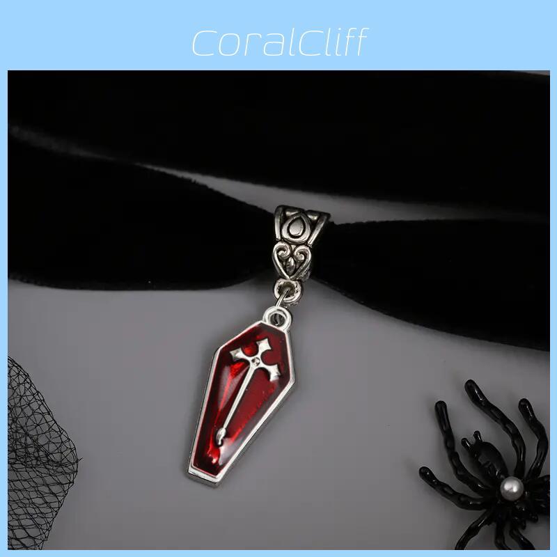 Gothic Style Vintage Velvet Coffin Cross Pendant With Cherry Elements For Halloween Decor