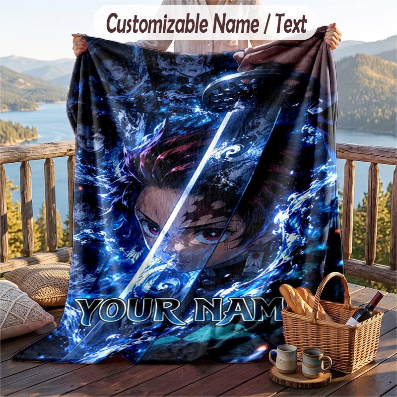 Personalized Flannel Throw Blanket,Demon Slayer Custom Printed Name, Cozy Plush Blanket For Home Use