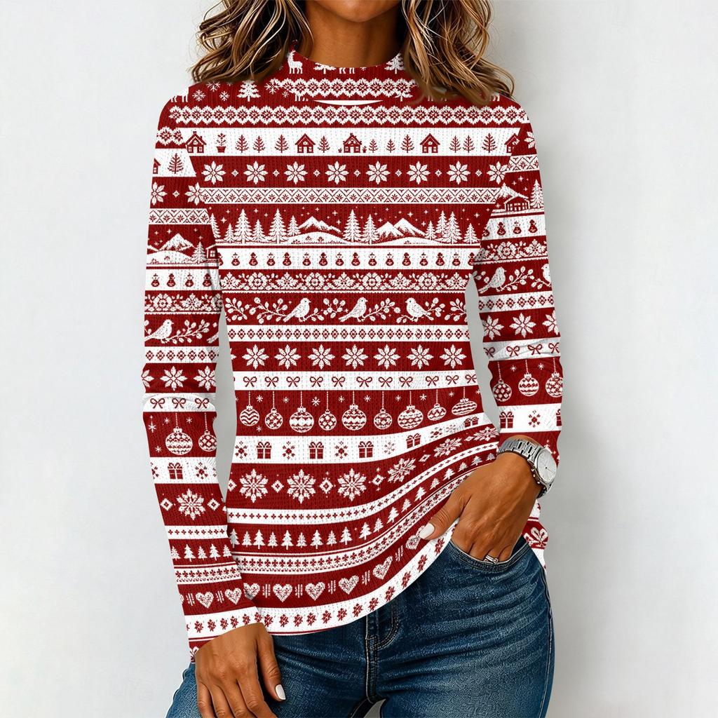Women's Casual Knit Long Sleeve T-Shirt with High Neck Christmas Print