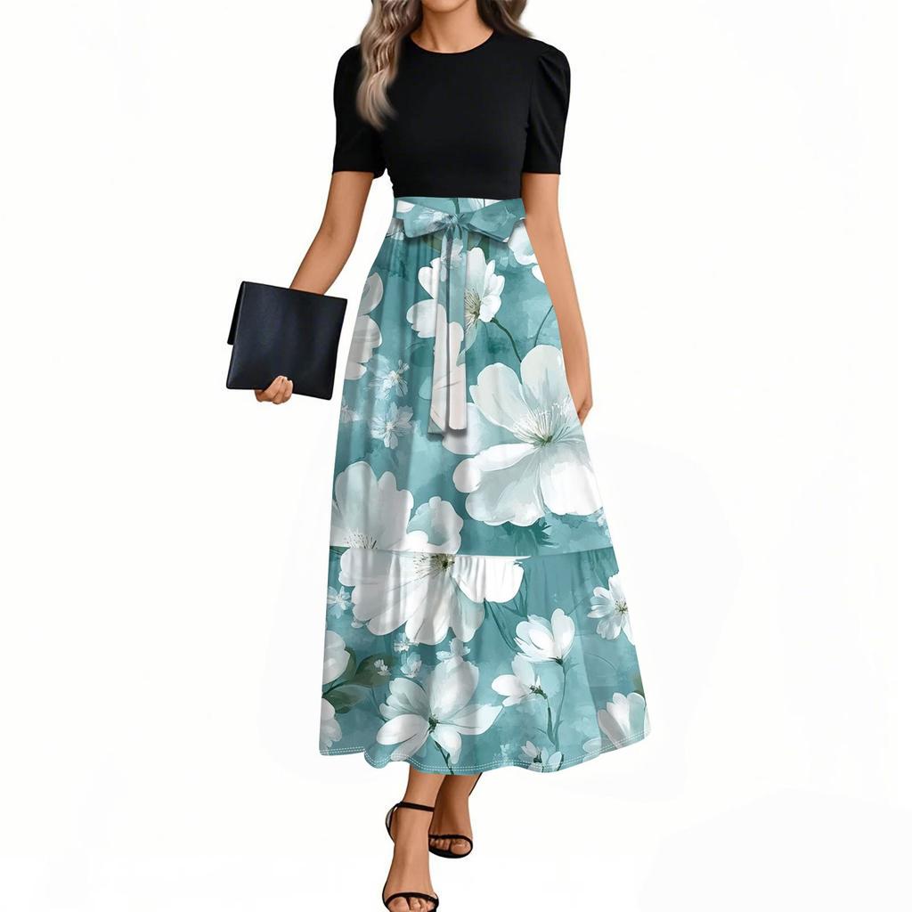 Women's Elegant Fashion Floral Print Belted Short Sleeve Round Neck Splicing Casual Dress