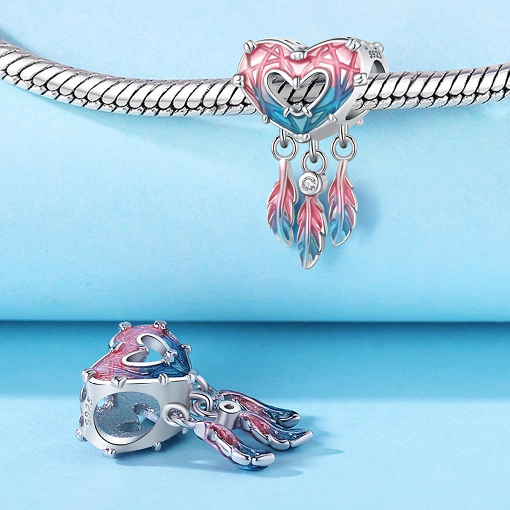 Original Copper Charms Luxury Heart Purple-Blue Feathers Beads Fit Bracelet Diy Women Making Delicate Gift