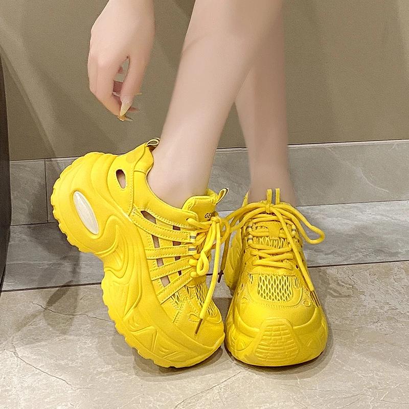 Fashion 7CM Women Breathable Mesh Sports Sneakers Summer Casual Shoes Wedge Heels Comfortable Casual Footwear Hollow out Leather Sandals