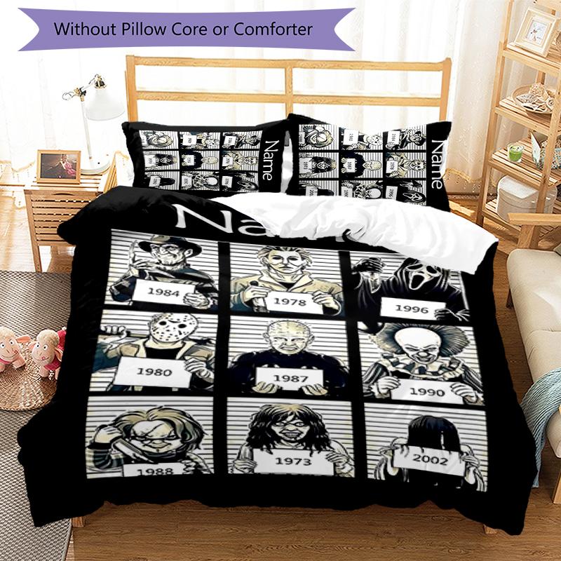 3pcs Custom Name Cartoon Horror movies Bedding Set Duvet Cover Closure Includes 1 Duvet Cover & 2 Pillowcases for All Seasons Bedroom Decor