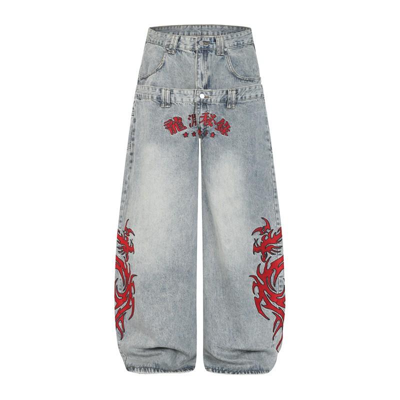 Unisex Streetwear Weite Jeans mit chinesischer Drachenstickerei Doppelbund-Design