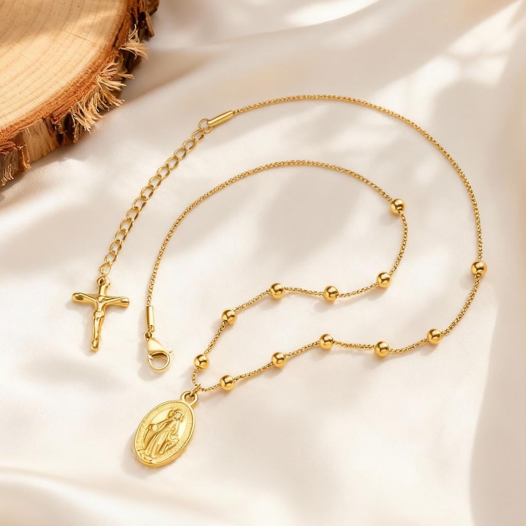 Holy Virgin Rosary Necklace for Women,Stainless Steel Bead Chain Necklaces,Classic Oval Mary Pendant Jewelry Gift