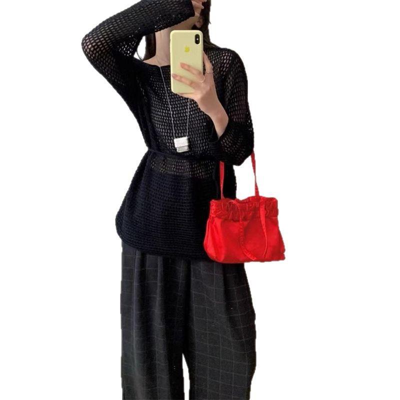 Sanftes Ein-Wort-Kragen lockeres hohles Design Taille zum Schnüren Bluse Damen lässig dünn Sonnenschutz Strickpullover Top