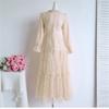 Women's Peter Pan Collar Lace Embroidery Midi Dress Luxury Beaded Crystal Costumes Ruffled Splice Button Front Slim A‑Line Dress