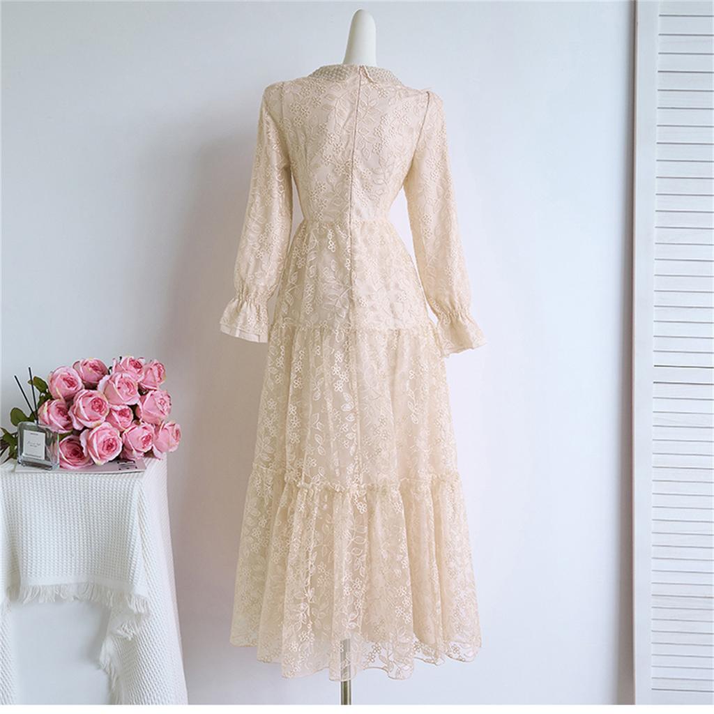 Women's Peter Pan Collar Lace Embroidery Midi Dress Luxury Beaded Crystal Costumes Ruffled Splice Button Front Slim A‑Line Dress