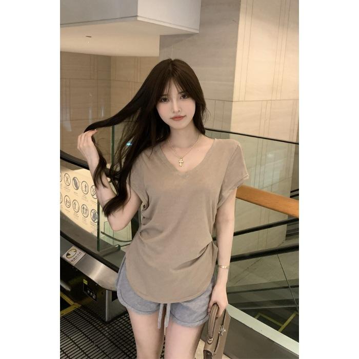 V-neck irregular hem short-sleeved T-shirt women s summer new niche unique chic top trend S
