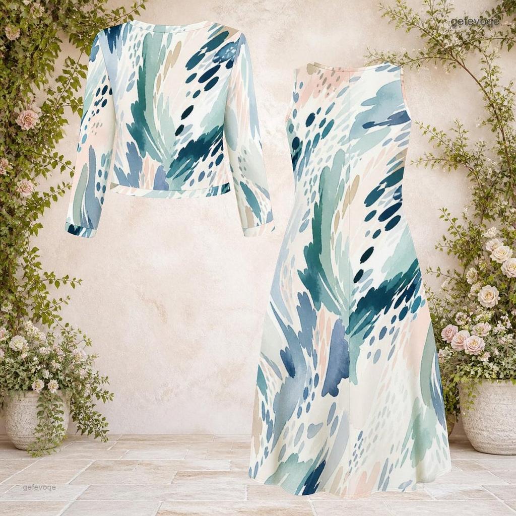 Women Plus Size Abstract Printed Beige Green Brown Two Piece Dress Set Round Neck Long Sleeve Cardigan Sleeveless Midi Dress