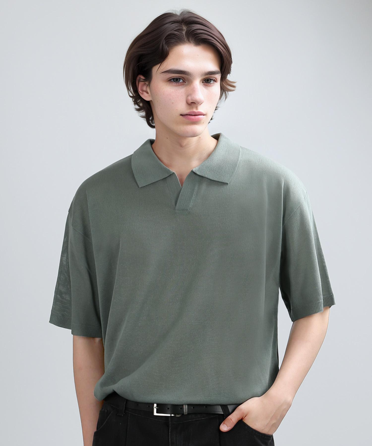 Berry Vein Collar Half Mesh-Knit (Ash Green) L
