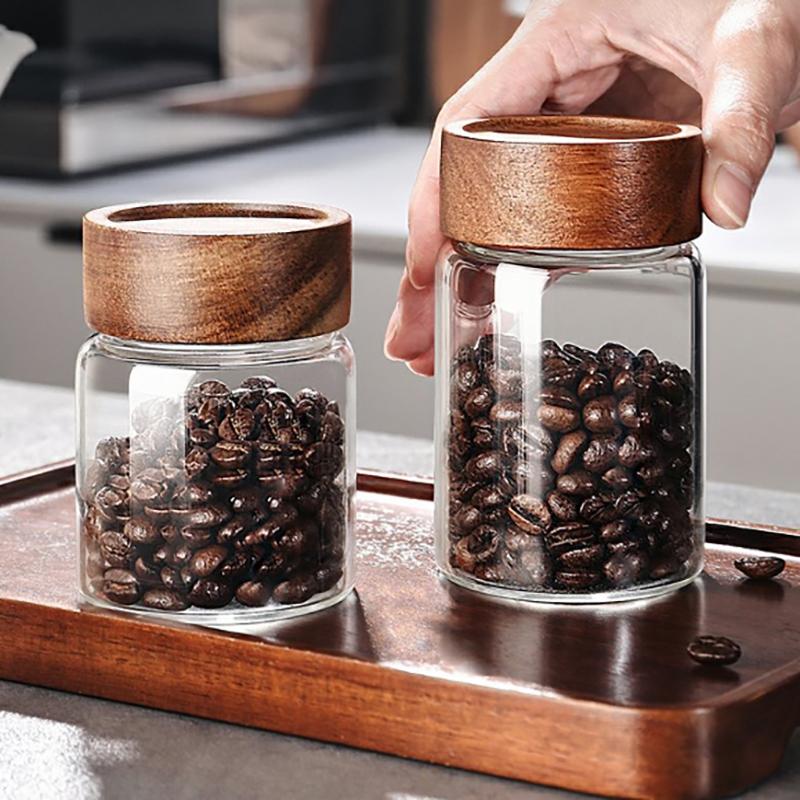 New Small Glass Jars With Lids Spice Seasoning Coffee Beans Storage Containers Tube Wooden Sealed Bottle Airtight Canisters