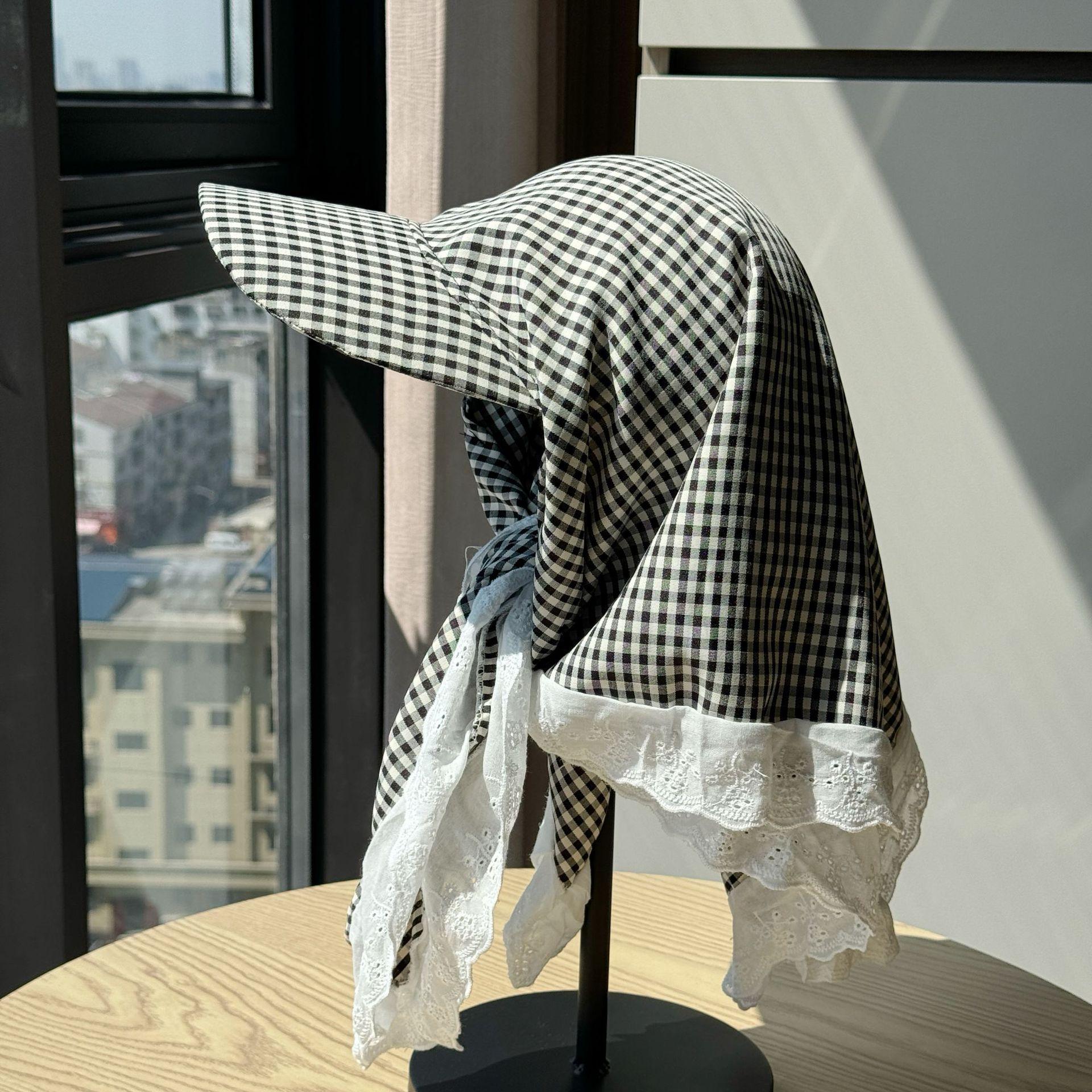 

New Japanese-style fresh plaid lace-trimmed headscarf hat for women, spring and summer sun protection versatile baseball cap Adult54-60Adjustable чёрный