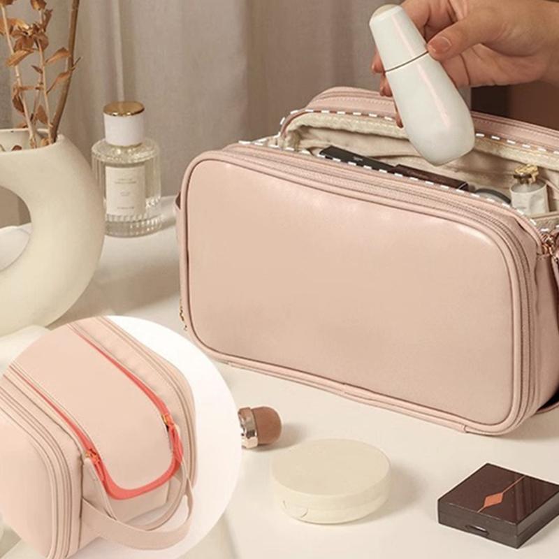 2025 Women s New Portable Cosmetics Storage Bag Travel Handheld Waterproof Toilet Bag Multi functional Double Zipper Storage Bag 28cm16cm15cm розовый