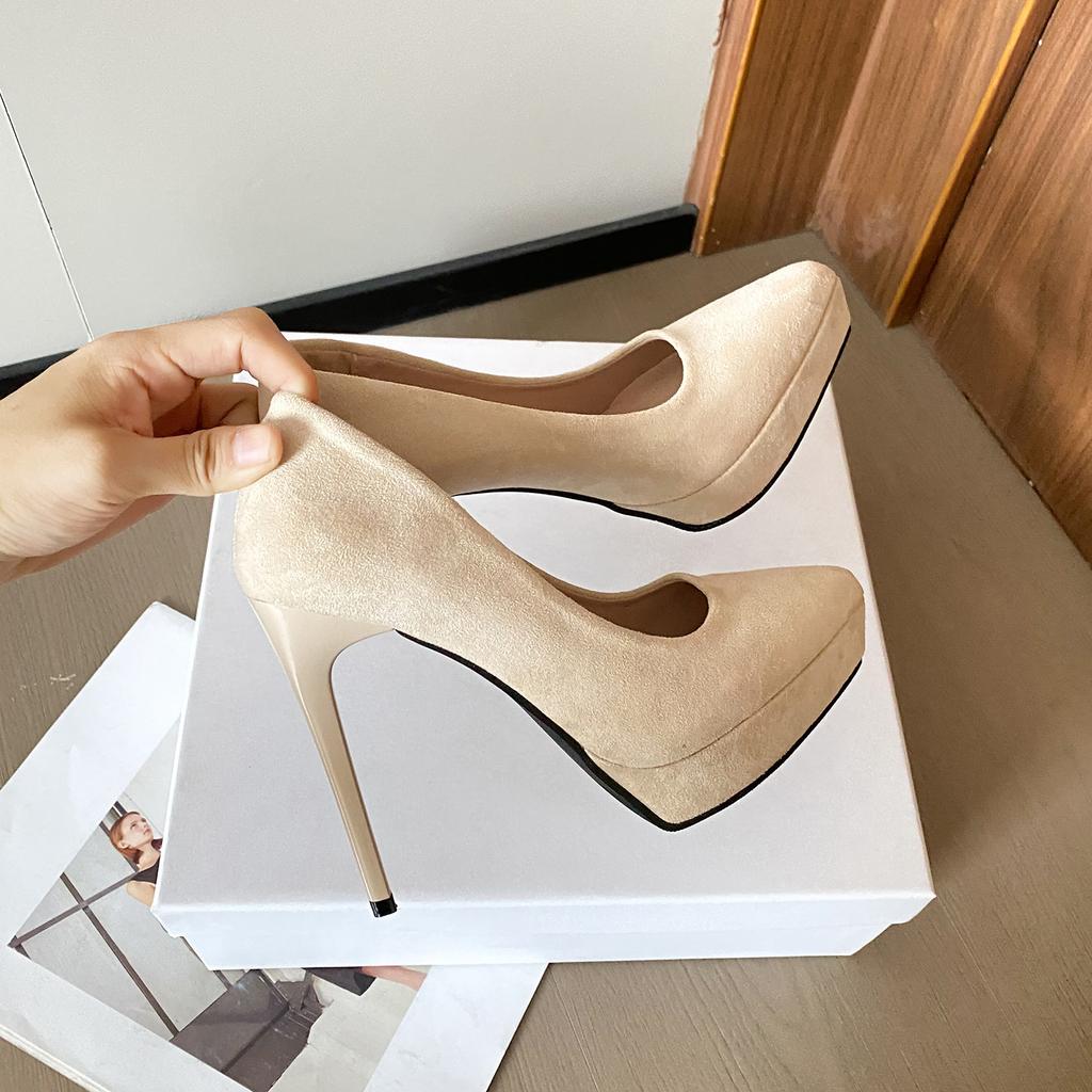 Fashion fairy style suede high heels female shallow mouth spring and autumn 2025 new Korean version thin heel pointed single shoes