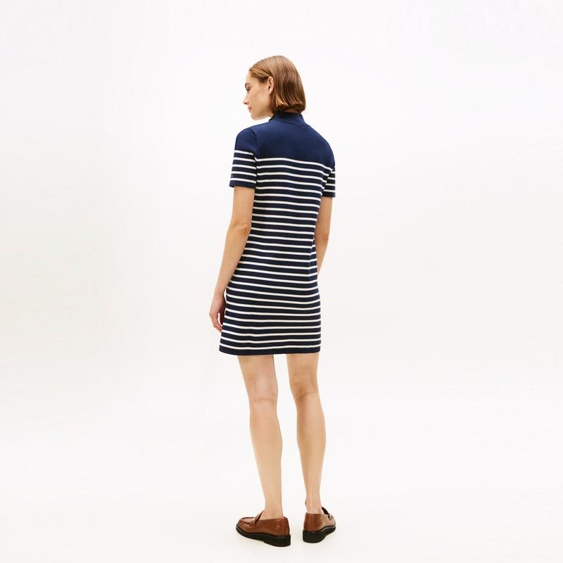 Tommy Hilfiger Elegant Striped Half High Neck Metal Buckle Slim Fit Knitted Short Sleeve Dress Women dresses WW0WW47368