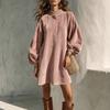 Women's Color Button Front Dress with Sleeves and Stand Collar for Casual Wear