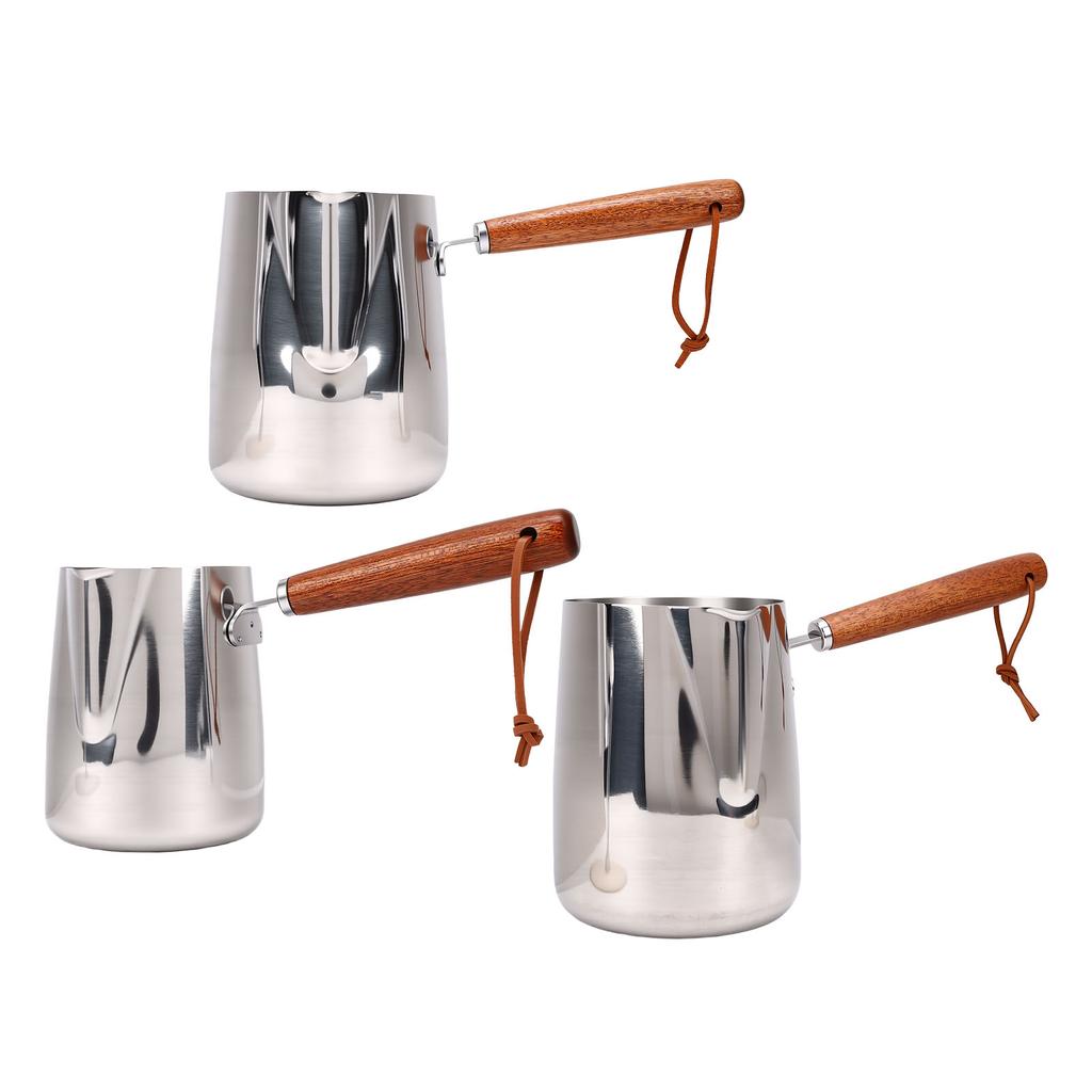 Milk Frothing Pitcher 304 Stainless Steel Milk Frother Cup with Wood Handle Spout for Coffee Art Heating Oil Melting