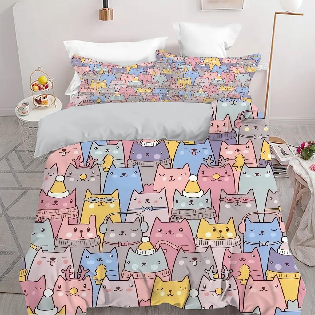 Cartoon Cats 3D Printed Bedding Cover Cute Animal Theme Duvet Coverset  For Kids Teens Adults Polyester Quilt Cover Pillowcase