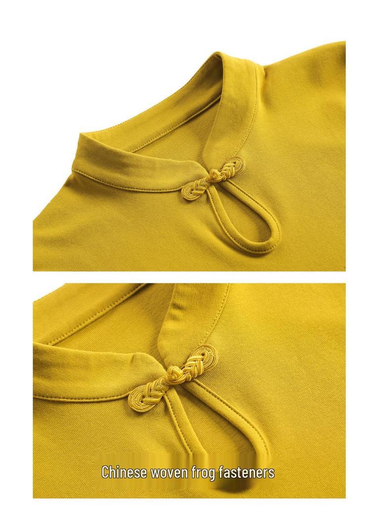 6606# Women's Slim Fit High Neck Long Sleeve T-shirt - Water Drop Neck, New Chinese National Style, Cotton Undershirt, Spring/Autumn.