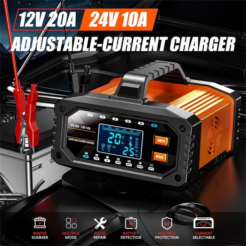 12V/24V Car Battery Charging Equipment with LCD Display Pulse Repair Intelligent Charging Device for Cars Trucks Boats