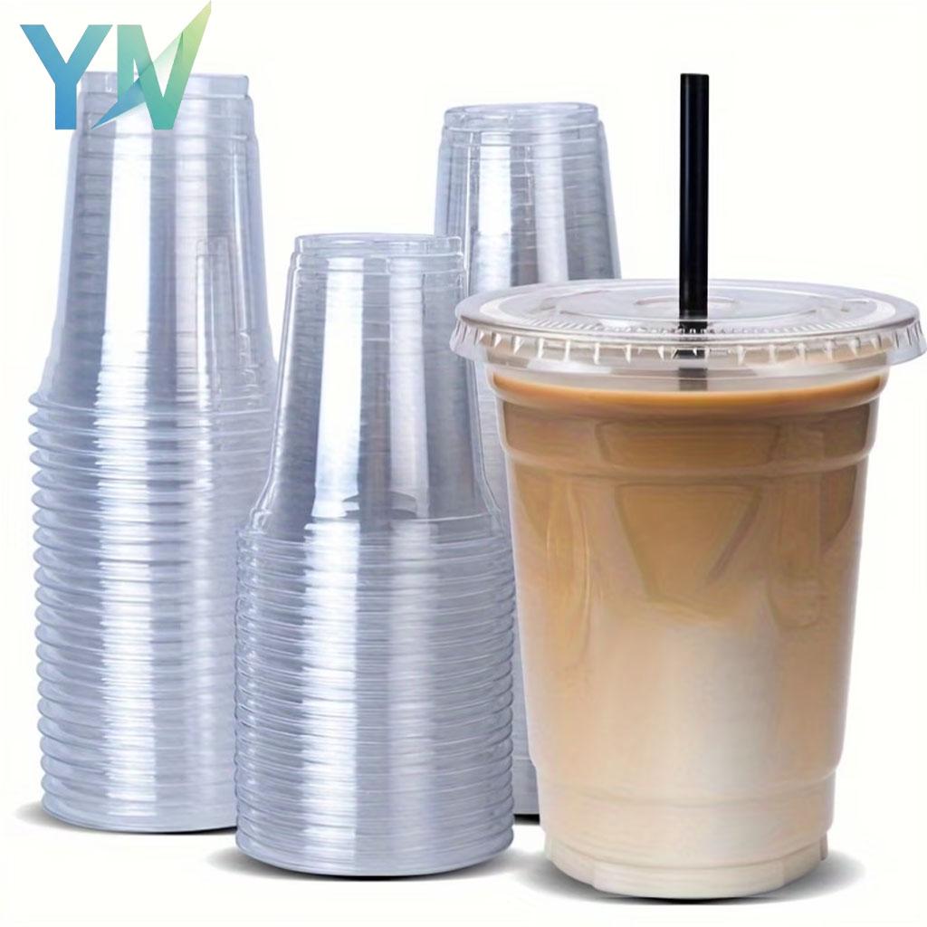 1-100PCS Disposable Cold Drink Cups with Lids for Iced Coffee Milk Tea Boba Smoothies and Juice BPA-Free Plastic Cup