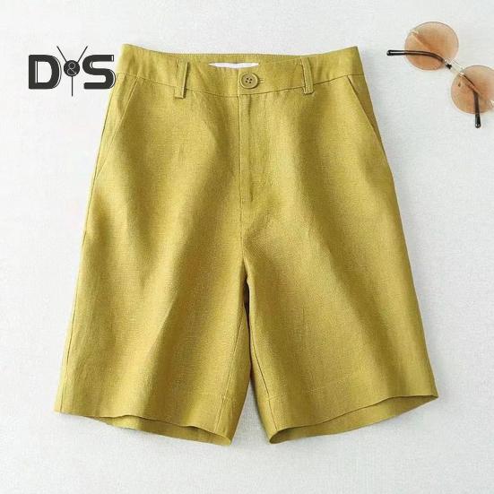 Pantaloni scurți pentru femei cu talie înaltă, cu fermoar, cu nasturi, pantaloni scurți casual, cu buzunare, culoare uni, pantaloni scurți până la genunchi.