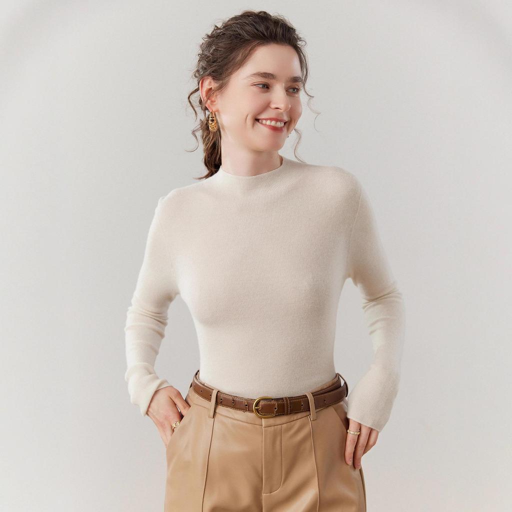 Velvet Seamless Slim-Fit Cashmere Sweater, Thin Knit, Half-High Neck, Skin-Friendly, Autumn/Winter Base Layer.
