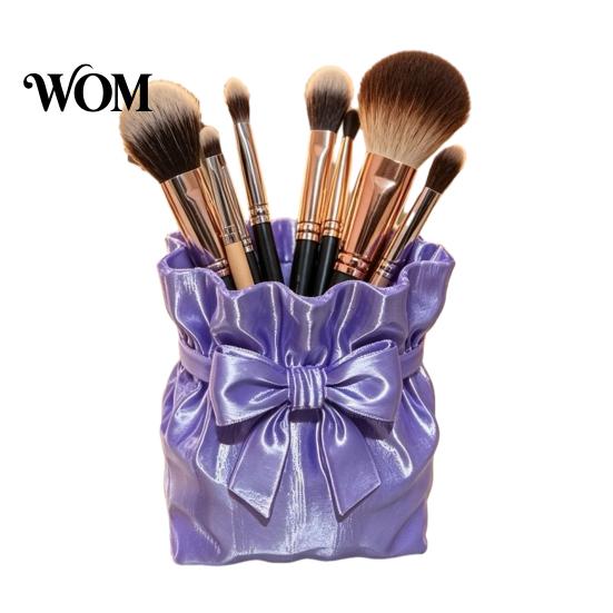 Concealer Brush Container Satin Bow Bag Makeup Holder, 3D Printed Beauty Tool Organizer Large Capacity for Desk, Bowknot Pouch Pencil Holder