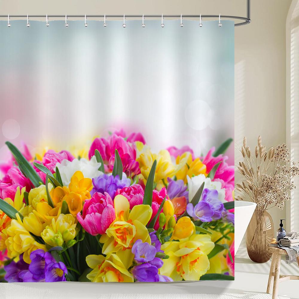 Beautiful Tulip Rose Flowers Shower Curtain Bathroom Curtains Nature Flower Waterproof Polyeste Fabric Bathtub Decor With Hook