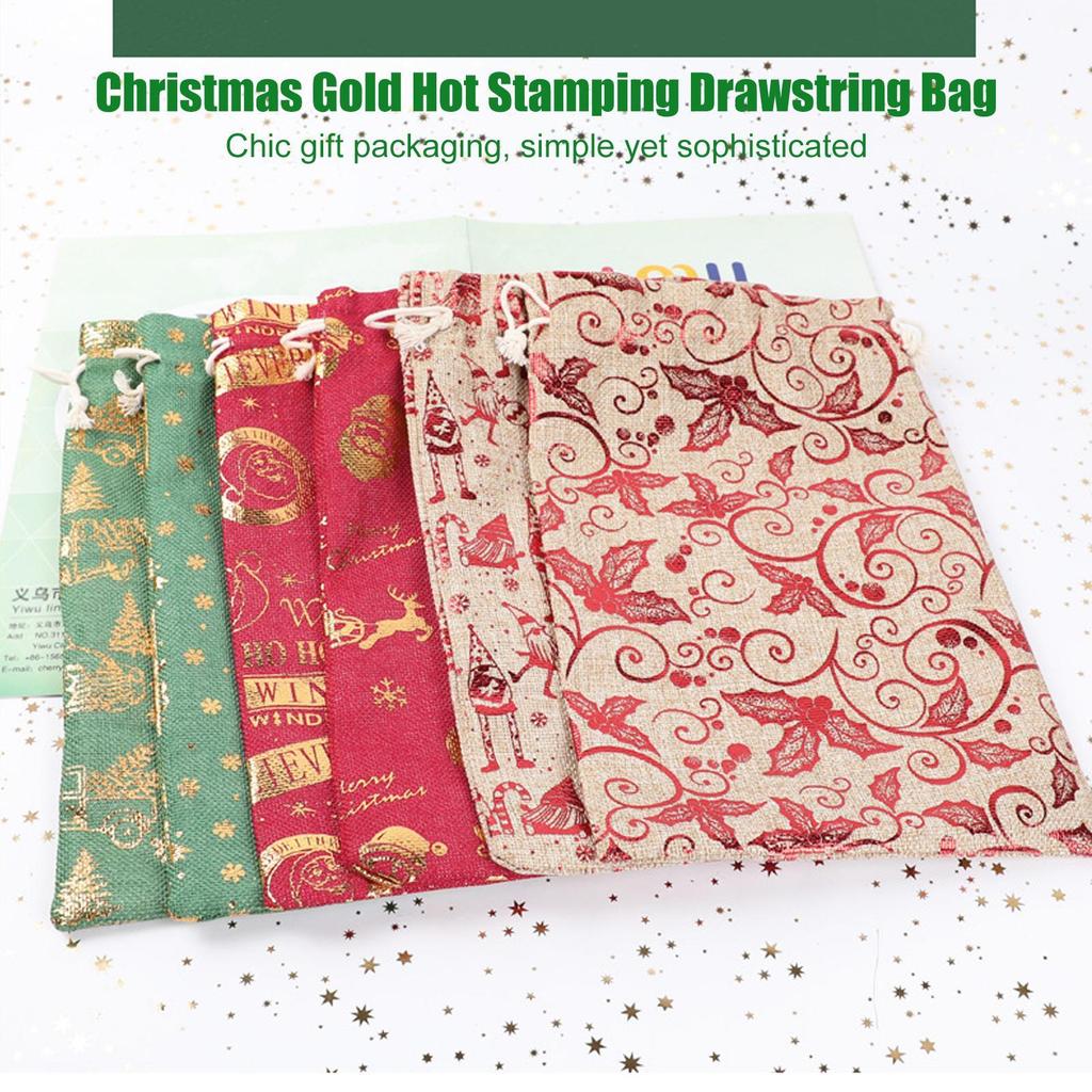 Medium Christmas Bags Gold Foil Drawstring Home Decor Christmas Treat Bags For Birthday Thanksgiving Holiday New Year Wedding