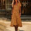 Women Summer V Neck Short Sleeve Retro Halloween Print Beach Dress Casual Loose Fit Soft Fabric Holiday Midi Dress