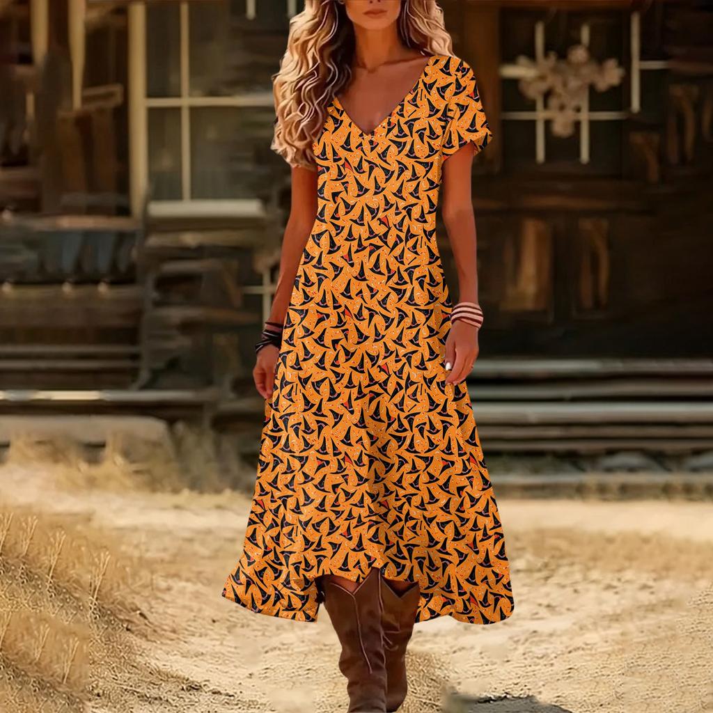Women Summer V Neck Short Sleeve Retro Halloween Print Beach Dress Casual Loose Fit Soft Fabric Holiday Midi Dress