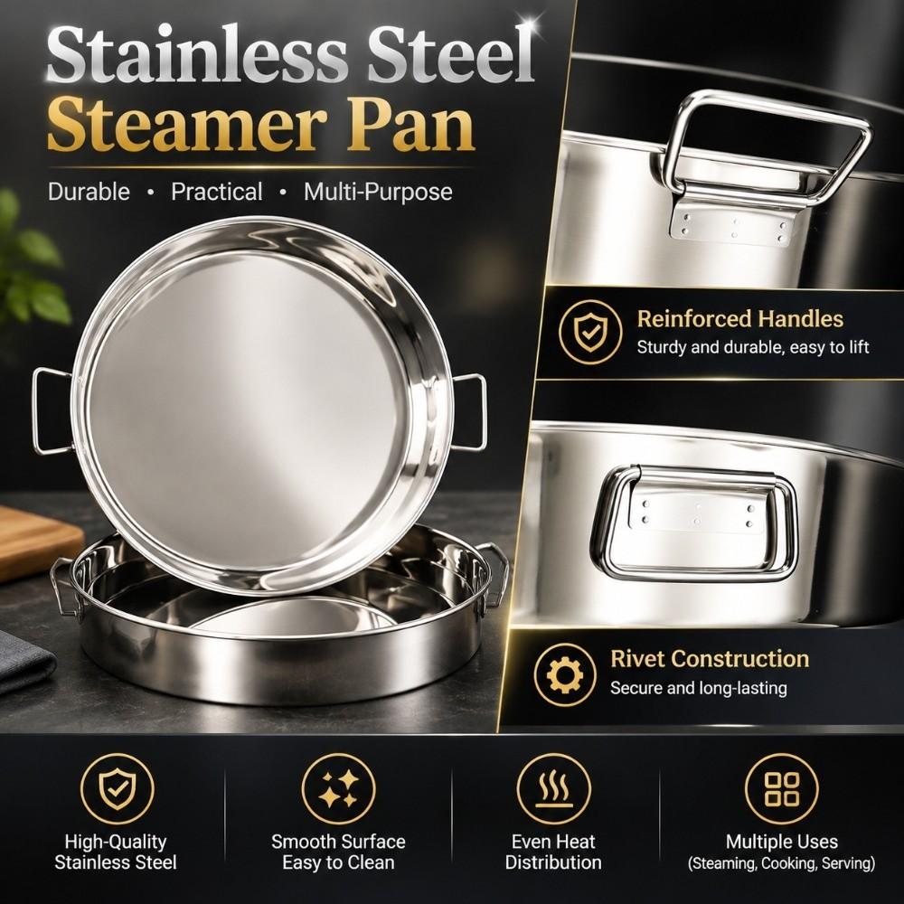 Stainless Steel Steaming Tray with Handle Noodles Rice Plate Vegetable Fish Pan Kitchen