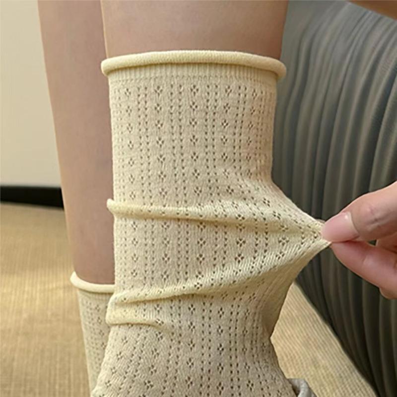 Sweet Hollow Mesh Socks Women Lolita Summer Breathable Thin Rolled Edge Mid-tube Stockings Girls Crew Pleated Socks