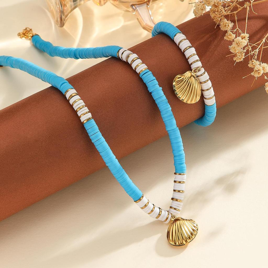 Atoztide Fashion Ocean Series Polymer Clay Necklace Bracelet Jewelry Set for Women Stainless Steel Shell Conch Pendant Set Gift