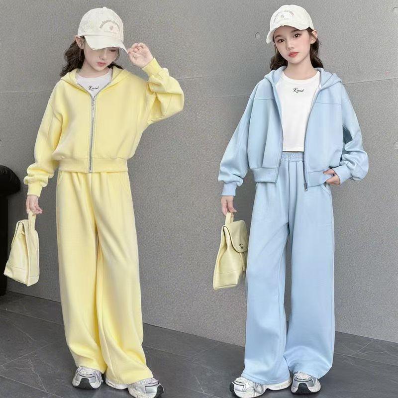 Girls Spring Clothes Set Teenage Hoodied Pullover Top + Pants Autumn Bottom 2pcs Kid Solid Tracksuits