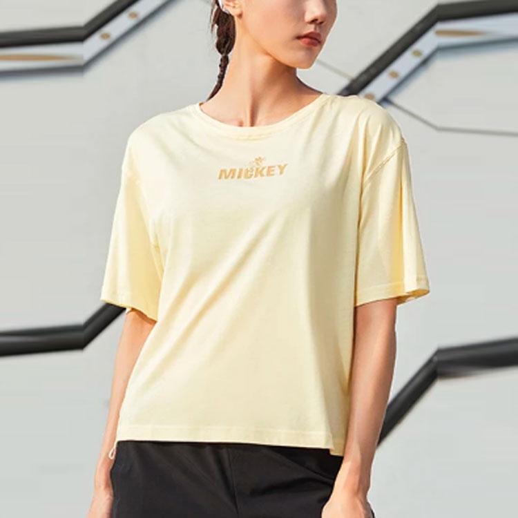 Li-Ning X Disney Co-Branded Training Series Alphabet Print Tag Ribbon Loose-Fit Sports Short-Sleeve T-Shirt Women Tops Vanilla-Yellow ATSR204-2